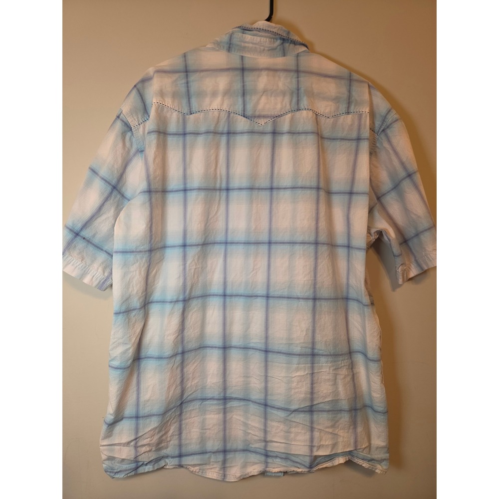Roper Mens XL Western Shirt Short Sleeve Plaid Pearl Snap Blue White Cotton